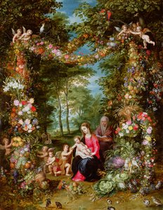 De Maagd en het Kind met de jonge Sint-Jan de Doper, Sint-Anna en engelen, omgeven door een krans van bloemen en fruit