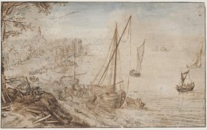 Rivierlandschap. Op de voorgrond een boot die wordt geladen en mannen die planken zagen door Jan Brueghel d.Æ.