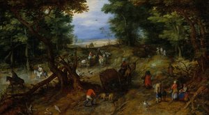 Een Bosweg met Reizigers door Jan Brueghel the Elder