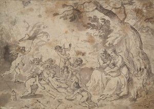 De Maagd Maria en St. Joseph en het Christuskind, St. Johannes, en engelen die spelen met de Instrumenten van Passie