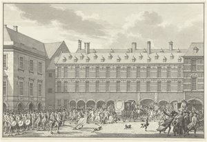 Ongeregeldheden als de Gedeputeerden van Dordrecht door de Stadhouderspoort rijden op het Binnenhof, 1786 door Jan Bulthuis