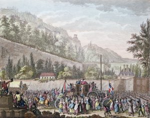 De vrouwen van Les Halles in Auteuil toen ze de Franse koninklijke familie naar Parijs brachten vanuit Versailles op 6 oktober 1789, 1796