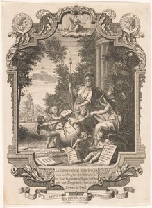 Cartouche met allegorie op de geschiedenis van Griekenland door Jan Caspar Philips