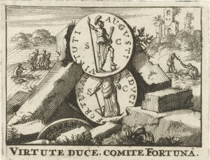 Romeinse munten steunend op een hoop stenen door Jan Claesz ten Hoorn