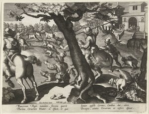 Hertenjacht met honden door Jan Collaert (II) (attributed to)