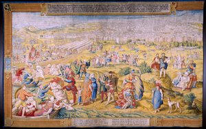 Vlaams wandtapijt. Serie De verovering van Tunis: De plundering van Tunis. Tekenaar Jan Cornelisz Vermeyen. Atelier Willem de Pannemaker, Brussel. Ca 1545. door Jan Cornelisz Vermeyen