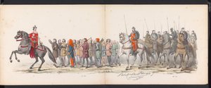 Maskerade van de Leidse studenten, 1865 (plaat 15) Gecostumeerde optogt gehouden door de leden van het Leidsche studenten-corps den 6den Junij 1865, ter viering van den 290sten verjaardag der Leidsche Hoogeschool, voorstellende: de intogt der Hollanders