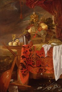 Een mand met gemengd fruit met vergulde beker, zilveren kelk, nautilus, glas en perziken op een bord door Jan Davidsz de Heem