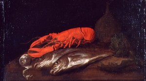 Een Stilleven van een Kreeft en Vis op een Tafel