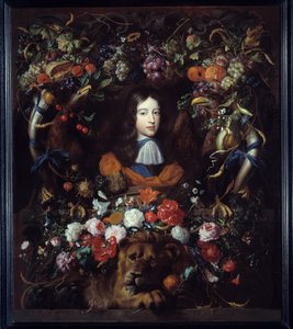 Portret van Willem III van Oranje (1650-1702) in een medaillon van bloemen door Jan Davidsz de Heem