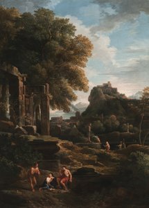 Een klassiek landschap met figuren op de voorgrond, ruïnes links en een figuur in het midden die een offer brengt
