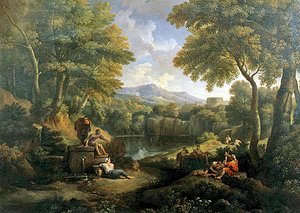 Landschap met figuren bij een put door Jan Frans van Bloemen