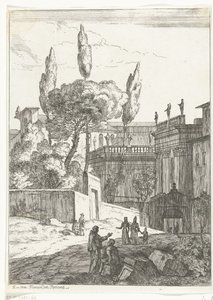 Italianiserend landschap met antieke gebouwen en figuren door Jan Frans van Bloemen