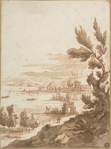 Uitzicht vanaf een heuvel met uitzicht op een haven door Jan Frans van Bloemen