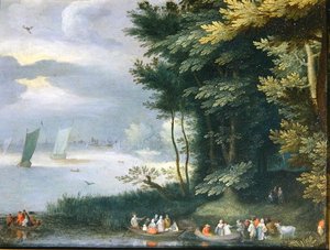 Oevers van een meer met figuren die in roeiboten stappen door Jan Frans van Bredael