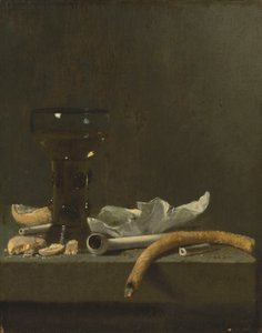 Stilleven met roemer, kleipijp en een brandende taper op een richel door Jan Fris