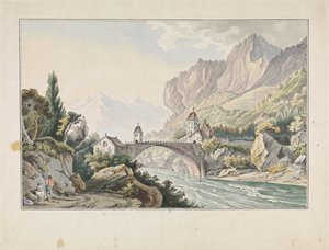Gezicht op de brug bij Saint Maurice te Zwitserland door Jan Gerard Waldorp
