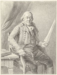 Portret van Reinier Vinkeles I, zittend in een stoel met een blad papier in de hand