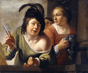 Een jonge drinker en een dienstmeid drinken op een balkon