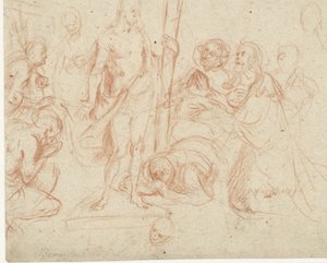 Christus met het kruis, omringd door knielende figuren