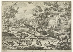 Landschap met twee ganzen die hun jongen verdedigen