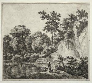 De rots die baadt in de rivier door Jan Hackaert