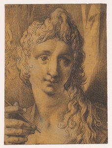 Kop van een jongeling of jonge vrouw die een burijn in de hand houdt door Jan Harmensz. Muller