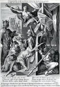 Mercurius en Minerva bewapenen een held met een stierenhuid en een lauwerkrans door Jan Harmensz Muller