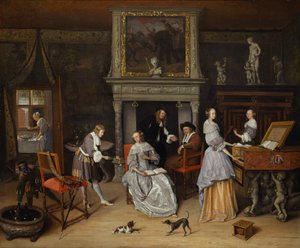 Fantasie Interieur met Jan Steen en de Familie van Gerrit Schouten door Jan Havicksz. Steen