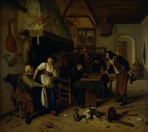 Interieur van een Herberg met een Oude Man die zich Vermaakt met de Kastelein en Twee Mannen die Backgammon Spelen, bekend als 