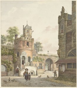 Stadsmuur met een toren en een poort, van binnen gezien door Jan Hendrik Verheijen