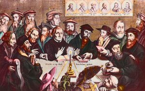 Het licht wordt op de kandelaar geplaatst - Gravure door Jan Houwens toont De hervormers - Johannes Calvijn en Maarten Luther door Jan Houwens