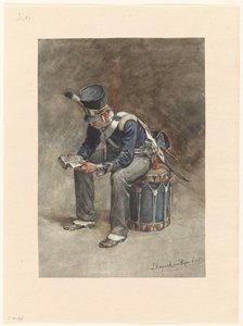 Zittende lezende tamboer van de infanterie