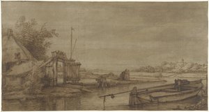 Vaartgezicht met boerderij en liggende schuit door Jan Hulswit (possibly)