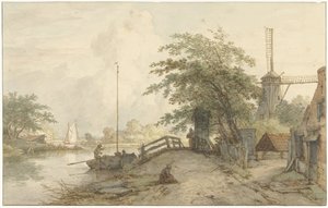 Landschap met Bruggetje en Huis aan Weg langs een Water
