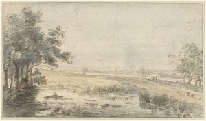 Landschap met een hengelaar aan het water door Jan Hulswit