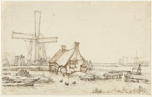 Landschap met huisjes en windmolen