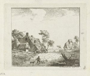 Landschap met herder en schapen bij twee boerderijen