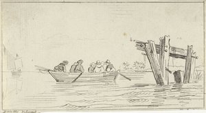 Roeiboot met figuren op een rivier