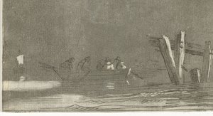 Roeiboot met figuren op een rivier