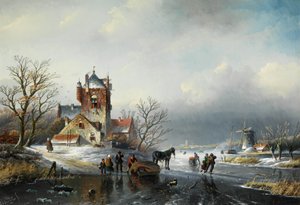 Jan Jacob Spohler Winterlandschap met molen en schaatsers