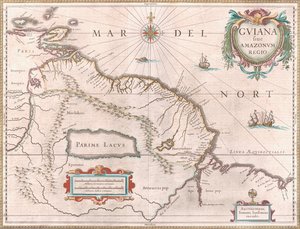 Kaart circa 1649 van de Guiana regio. Gebied geclaimd door Spanje in rood naar het westen, Nederlands Guiana in geel en Portugees gebied in rood naar het zuidoosten. Het mythische meer Parime is ook zichtbaar