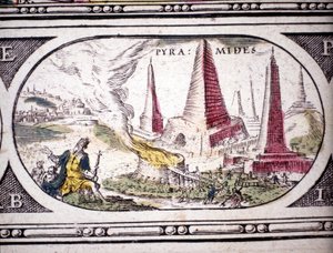 Voorstelling van de Zeven Wonderen van de Oudheid: de Piramides van Egypte. in de Atlas van Jansson Jannsonius gedrukt in Amsterdam in 1630. Privécollectie