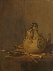 Stilleven met steengoedkruik en pijpen door Jan Jansz. Treck