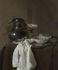 Stilleven met een tinnen kan en twee Ming kommen, 1651 door Jan Jansz. Treck