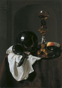 Stilleven met glas wijn en tinnen kruik door Jan Jansz. Treck