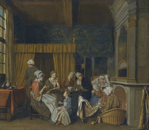 Een familie drinkt thee terwijl ze de geboorte van een tweeling vieren