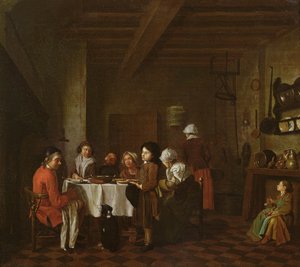 Interieur scène, familiemaaltijd door Jan Josef the Elder Horemans