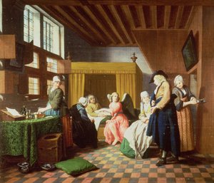 Het Bezoek van de Dokter - Een Nederlands Spreekwoord: De Dokter wordt Afgebeeld als een Engel die de Zieke Man Hulp Biedt (een van een set van vier)