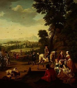 Een elegante valkenierspartij rustend in een park